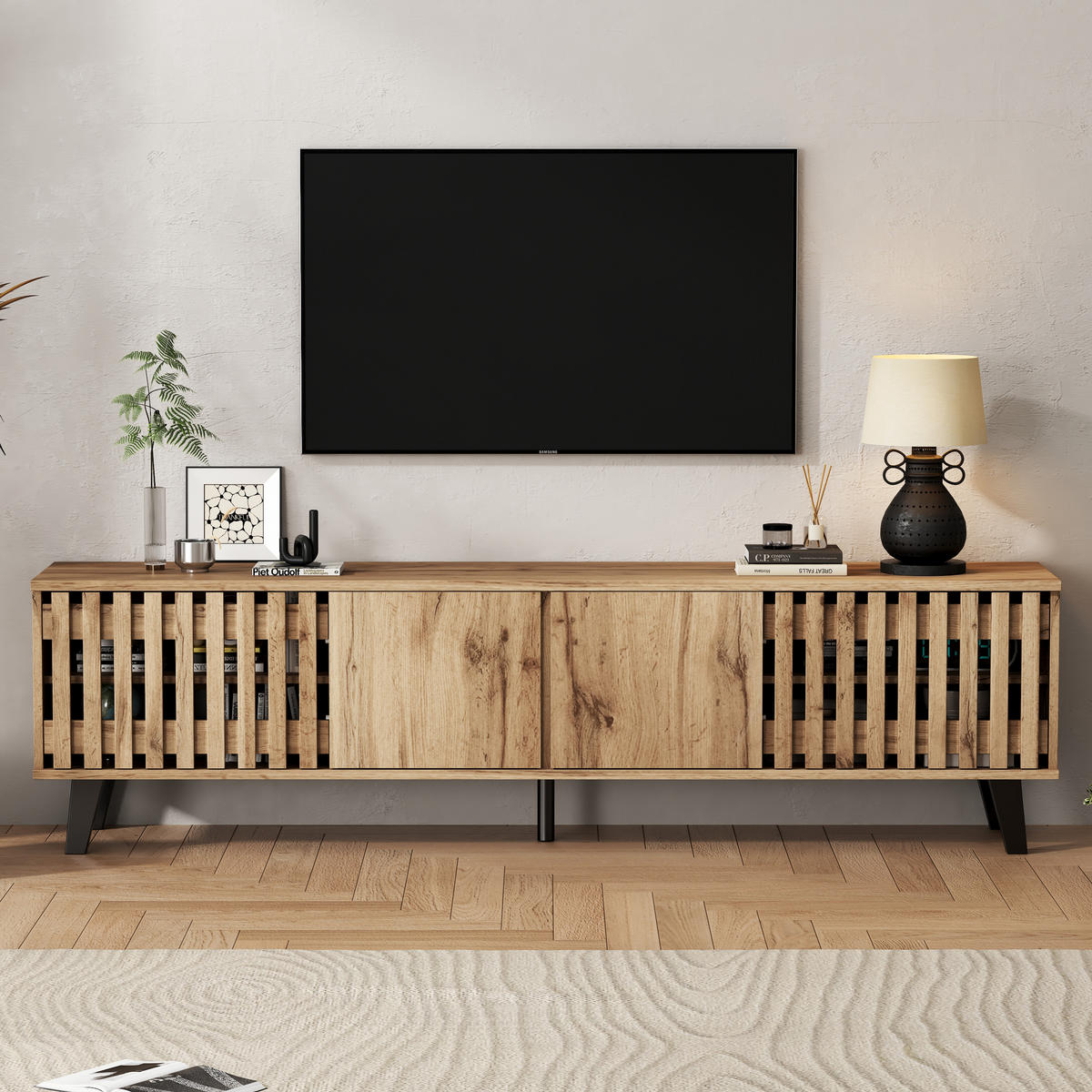 TV-ELEMENT in Holzfarben TV-Ständer mit 8 Ablagefächer für 70-Zoll-Fernseher, geeignet für Wohnzimmer, B180/T40/H55cm - Schwarz/Naturfarben, Holzwerkstoff/Kunststoff (180/55/40cm) - STILVORA
