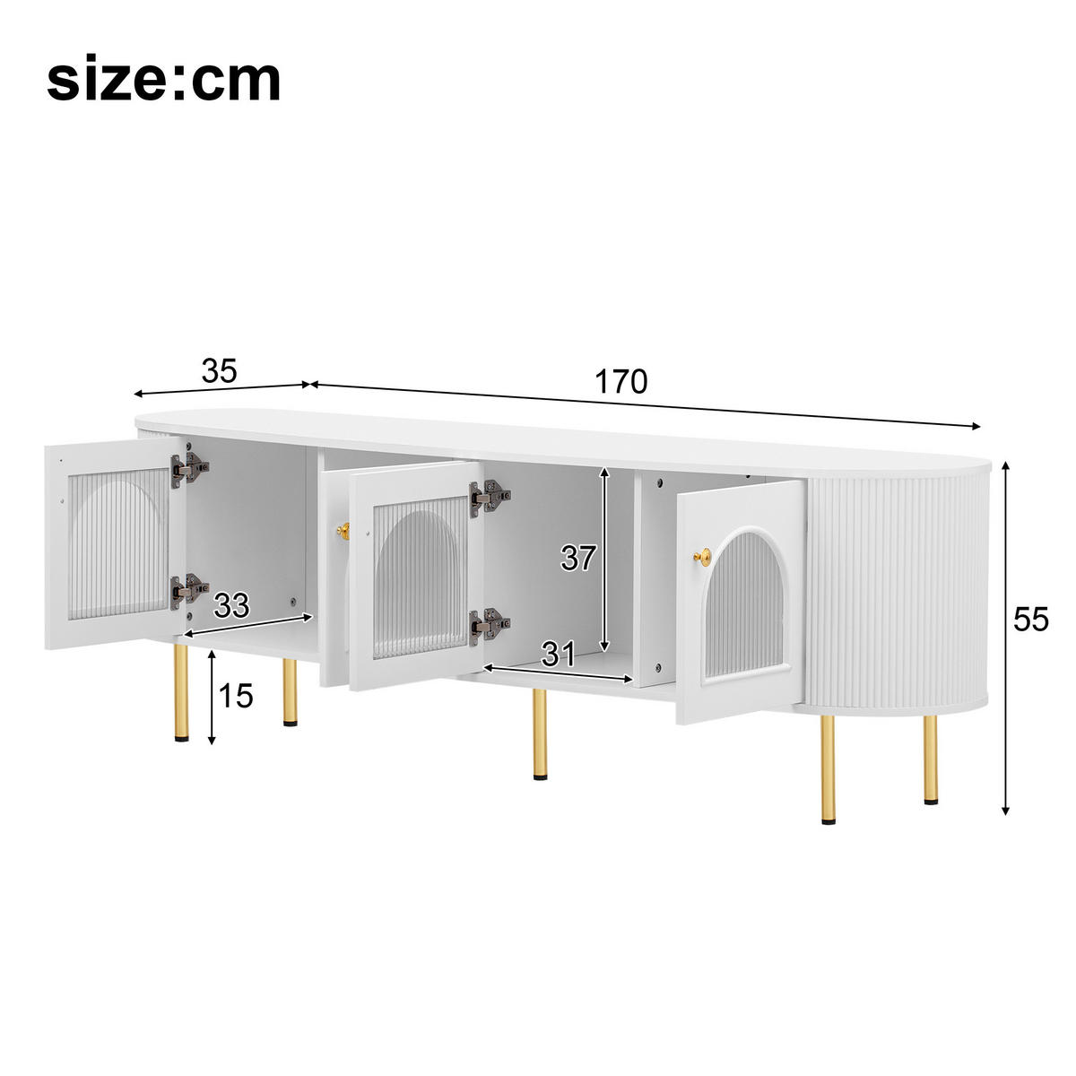TV-ELEMENT mit 4 Glastüren 170 x 35 x 55 cm MDF White and Gold - Weiß, Holzwerkstoff (35/55/170cm) - Beauniv
