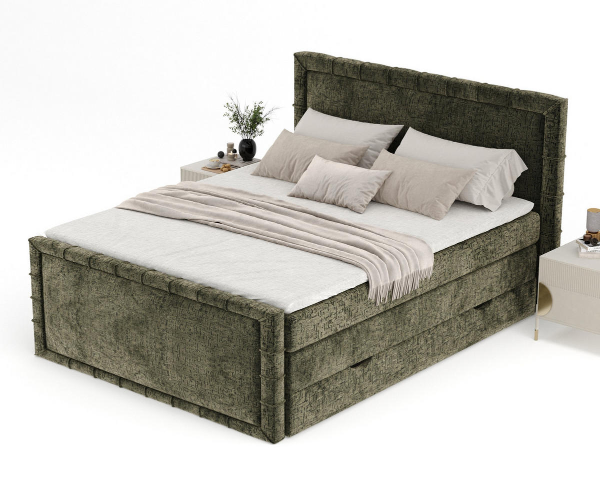 BOXBETT Estelle Olivgrün 200/200 cm im Chenille-Stoff - Schwarz/Olivgrün, Holz/Holzwerkstoff (200/200cm) - Maison de Reve