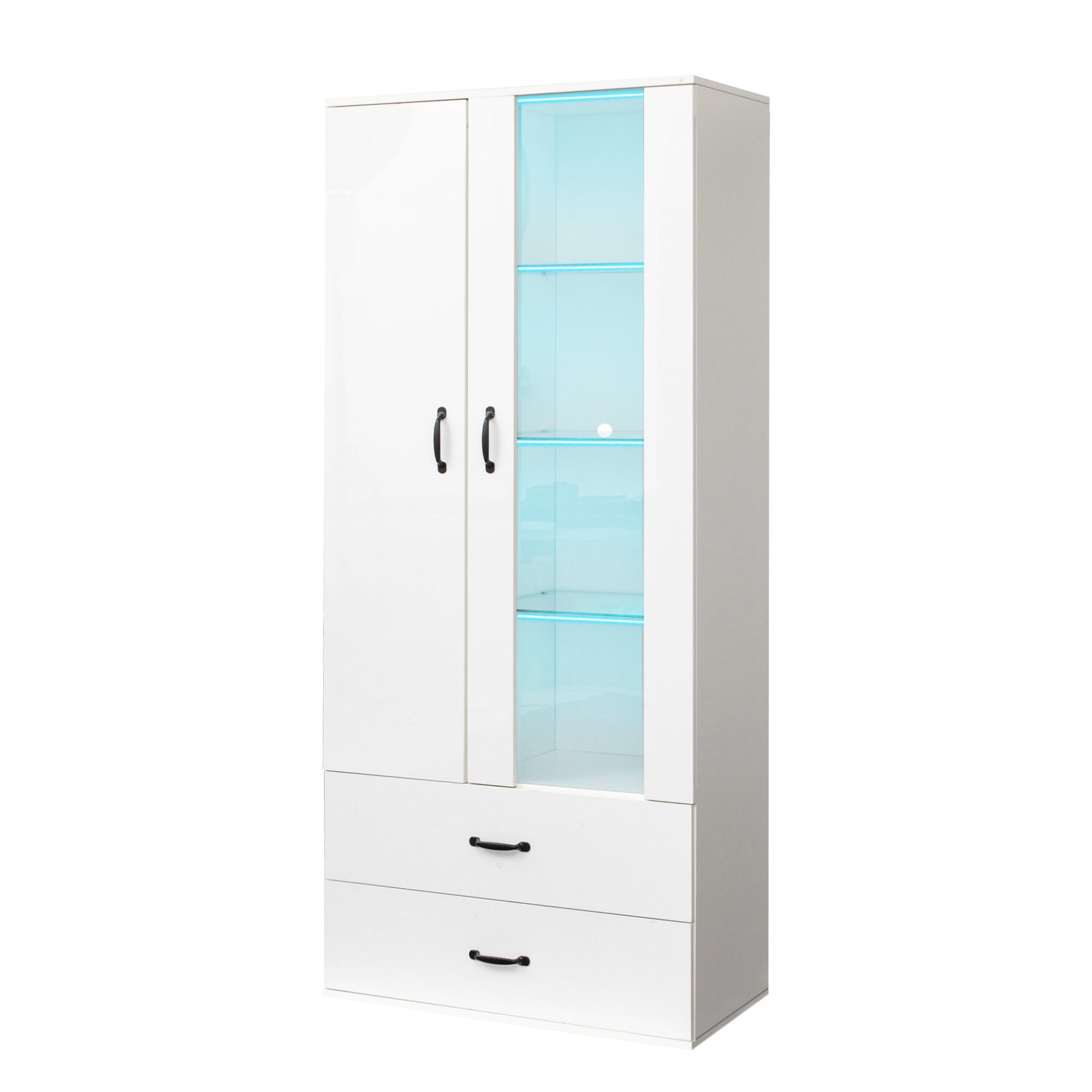 VITRINENSCHRANK weiß mit Acryltür, Glasböden und App-gesteuerter USB-LED 59,5 × 35 × 182 cm aus Spanplatte - Weiß, Holzwerkstoff (59.5/182/35cm) - Luhomfu