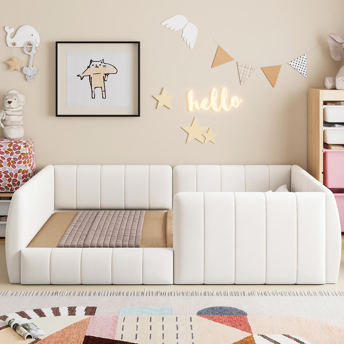 POLSTERBETT 90/200 cm in Beige mit Sicherheitsgitter - Beige, Holzwerkstoff/Textil (90/200cm) - WISHDOR
