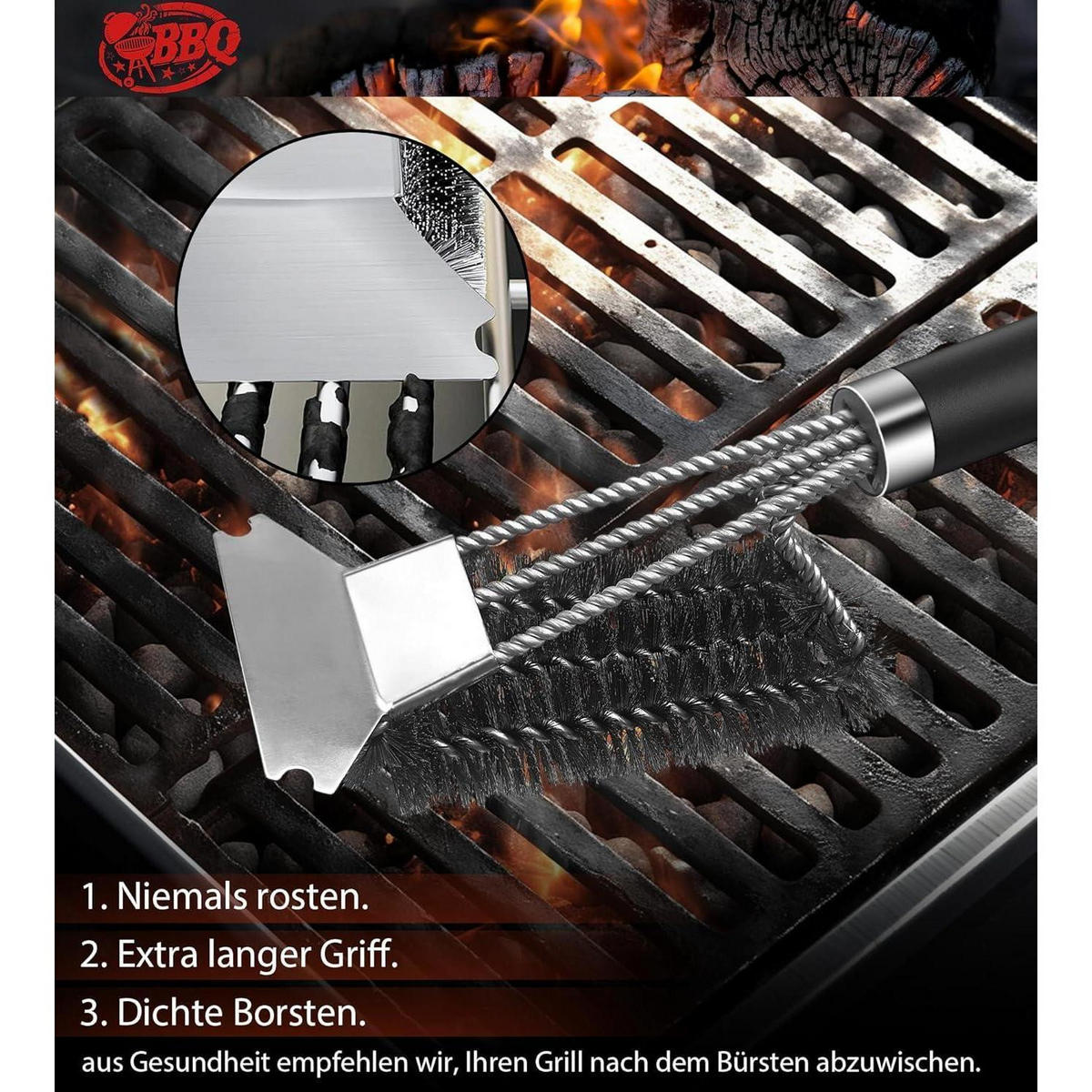 GRILLBÜRSTE mit Schaber Edelstahl und PP Griff - Schwarz, Metall (15/10/35cm)