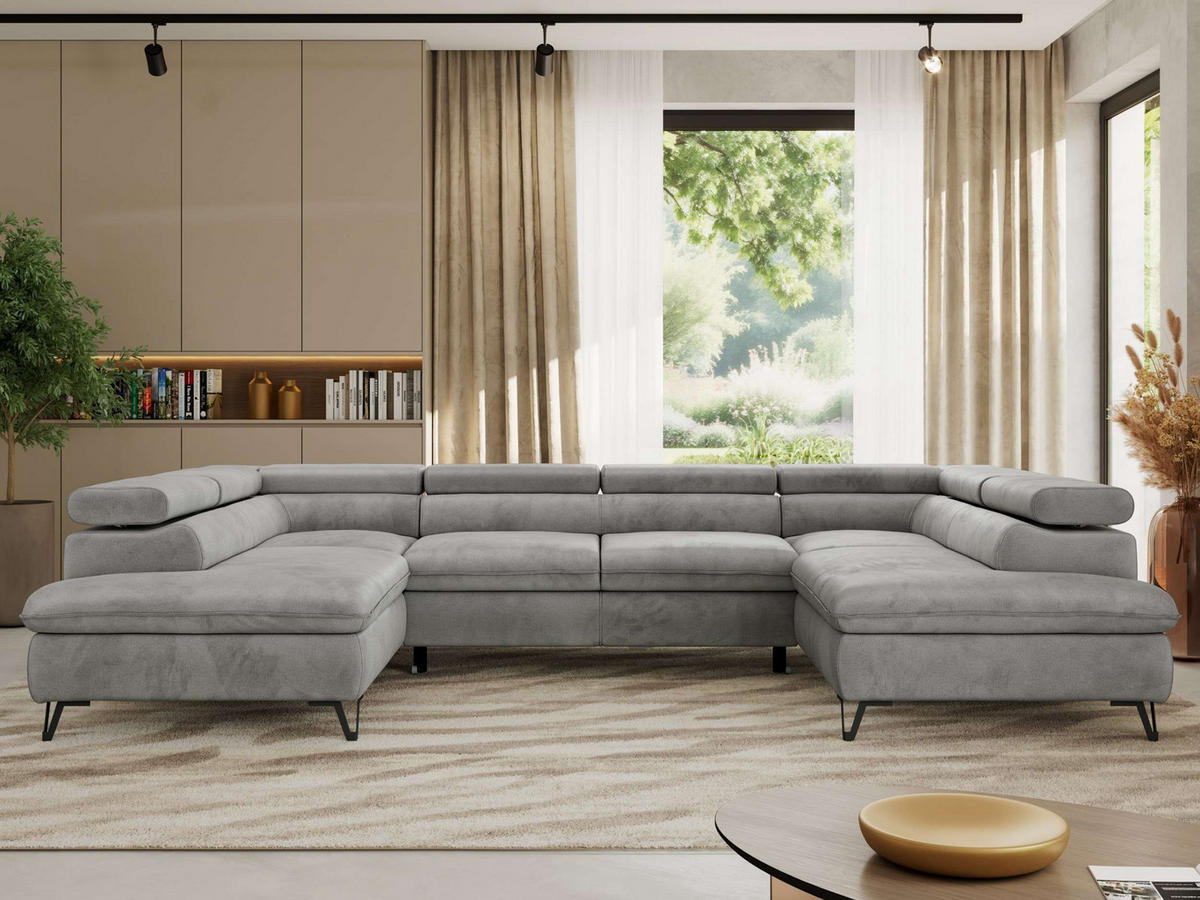 WOHNLANDSCHAFT PABLO U Velvet Hellgrau mit Topper Visco - Hellgrau/Schwarz, Textil/Metall (346/76/208cm) - MKS