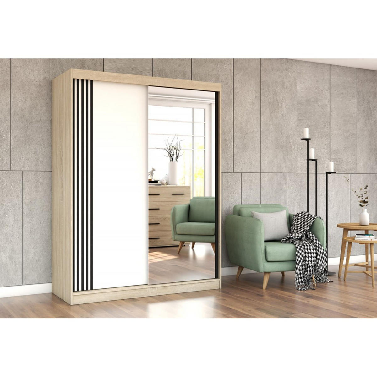 SCHIEBETÜRENSCHRANK - Lara 07 (Sonoma + Weiß) - Weiß/Sonoma Eiche, Holzwerkstoff/Metall (150/200/61cm) - Möblo