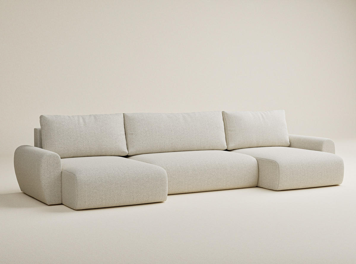 WOHNLANDSCHAFT MIT SCHLAFFUNKTION Numba Creme Webstoff - Creme/Schwarz, Holz/Holzwerkstoff (397/70/153cm) - Maison de Reve