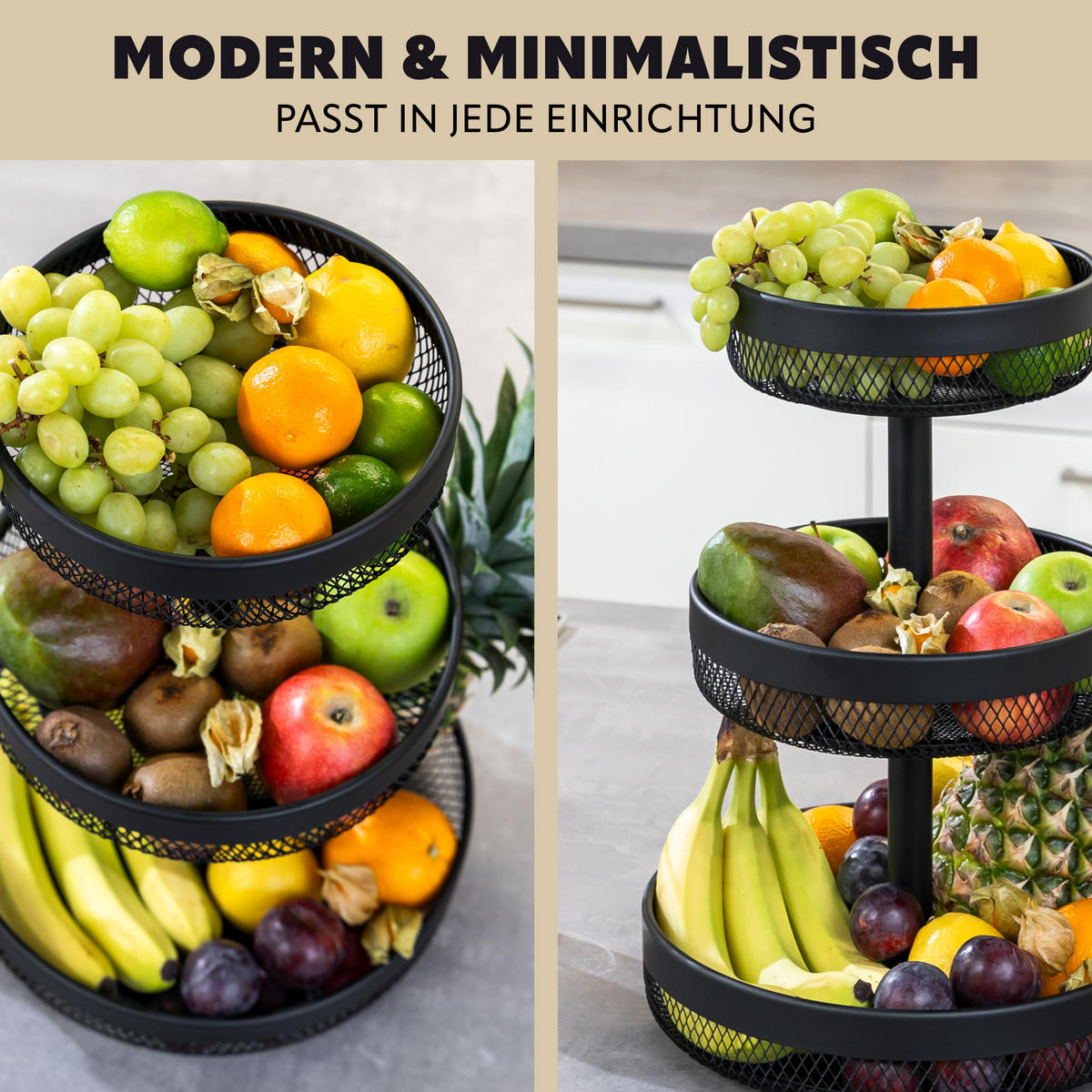 OBSTETAGERE 3-STÖCKIG rund Metall schwarz - Schwarz, Metall (42cm) - eluno