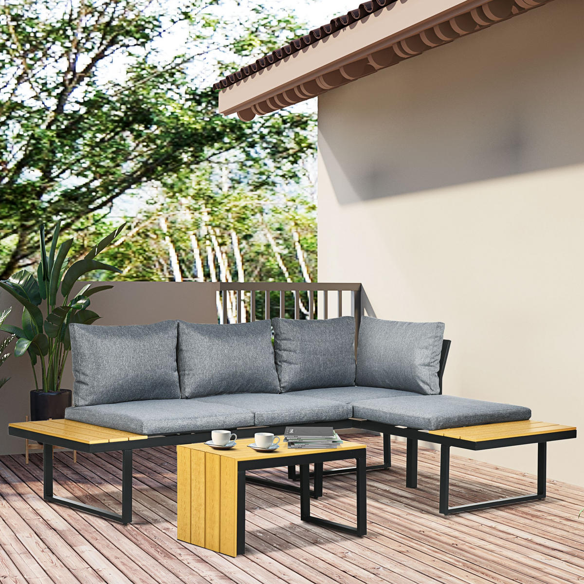 GARTENMÖBELSET DE-06530 3-tlg. mit Sitzkissen & Holzoptik Dunkelgrau/Natur - Hellgrau, Textil/Metall - ComfortXL