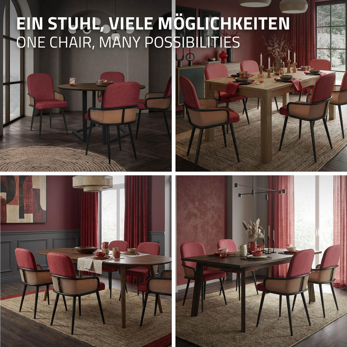 JÍDELNÍ ŽIDLE, sada 4 ks, červená, s látkovým potahem v ratanovém vzhledu - černá/červená, kov/textil (51/91/61cm) - ML-DESIGN