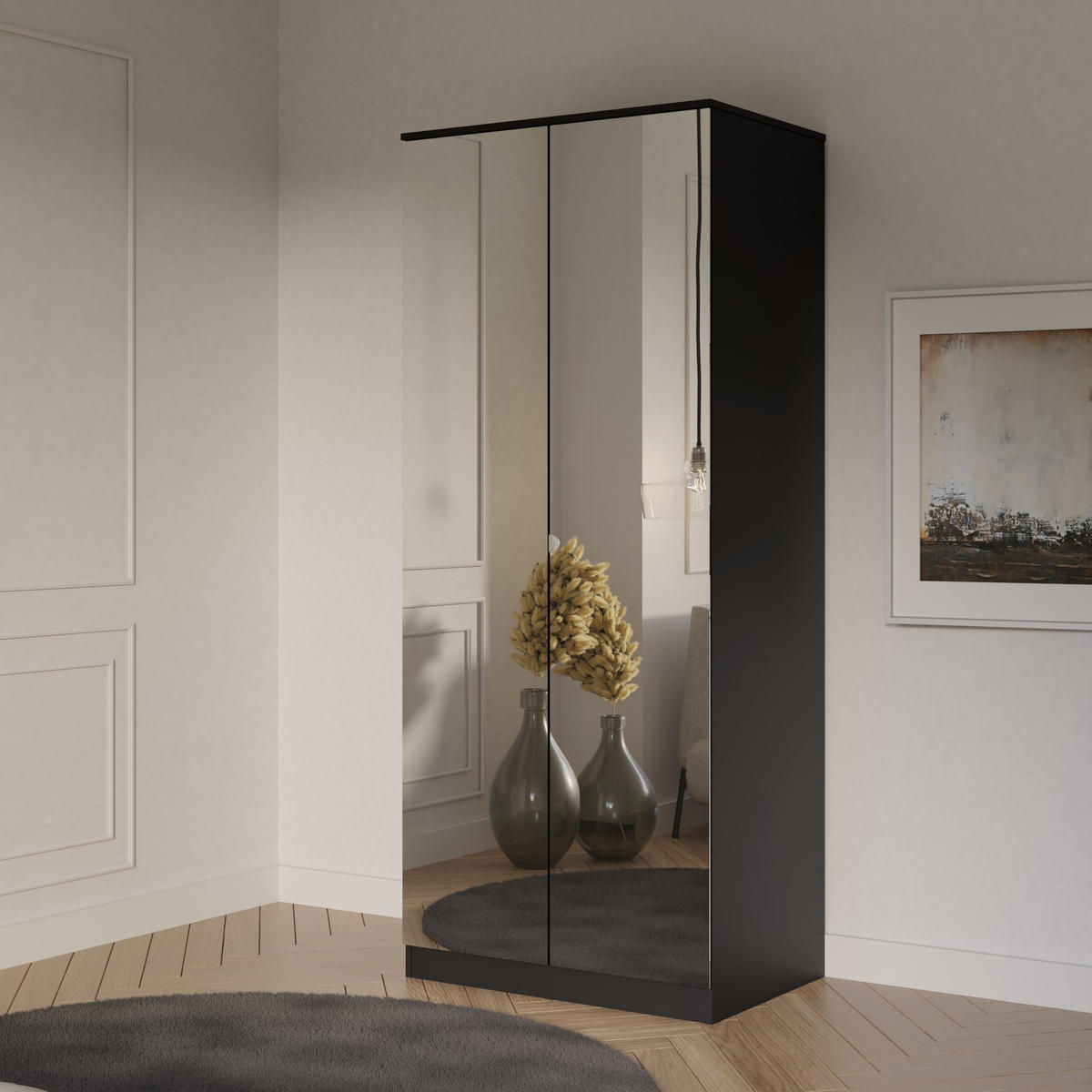 DREHTÜRENSCHRANK mit Spiegel Monza 2D 80 Schwarz - Schwarz/Grau, Holzwerkstoff/Metall (80/200/60cm) - mzm24