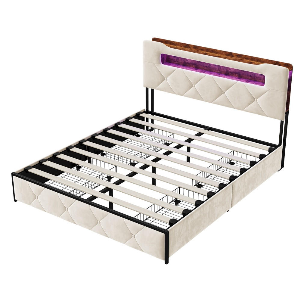 POLSTERBETT 140x200 cm - Doppelbett mit Stauraumkopfteil - 4 Schubladen und LED-Beleuchtung - ohne Matratze - Beige - Beige, Textil (140/200cm) - DELFA