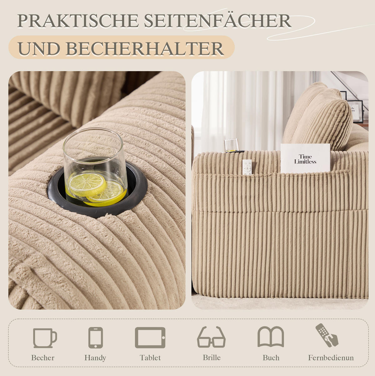 SOFA 2-Sitzer mit Seitenfächern 158 x 93 x 61 cm Cord Khaki - Braun, Kunststoff (158/61/93cm) - Meubliv