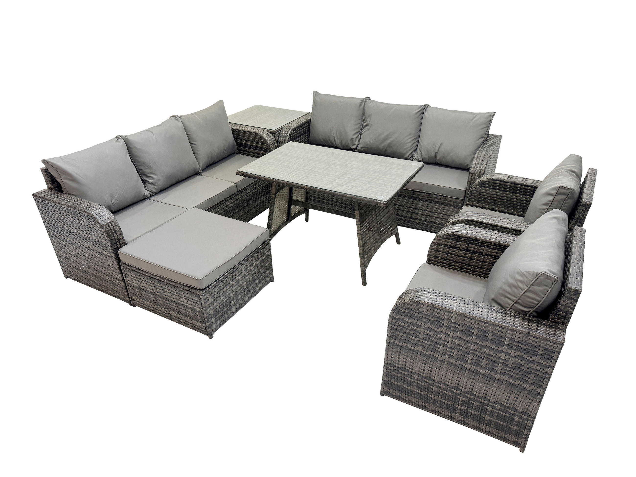 GARTENSET Hohe Rückenlehne Polyrattan 9-Sitzer - Dunkelgrau/Grau, Glas/Kunststoff - Fimous