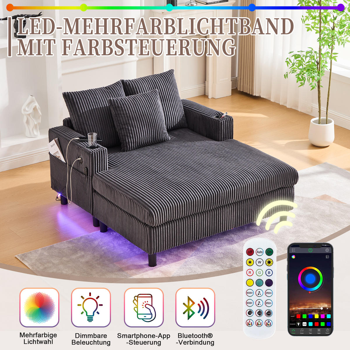 CHAISELONGUE 2-Sitzer Cord Dunkelgrau mit LED, USB und Getränkehalter - Dunkelgrau, Holzwerkstoff/Kunststoff (128/85/142cm) - WISHDOR