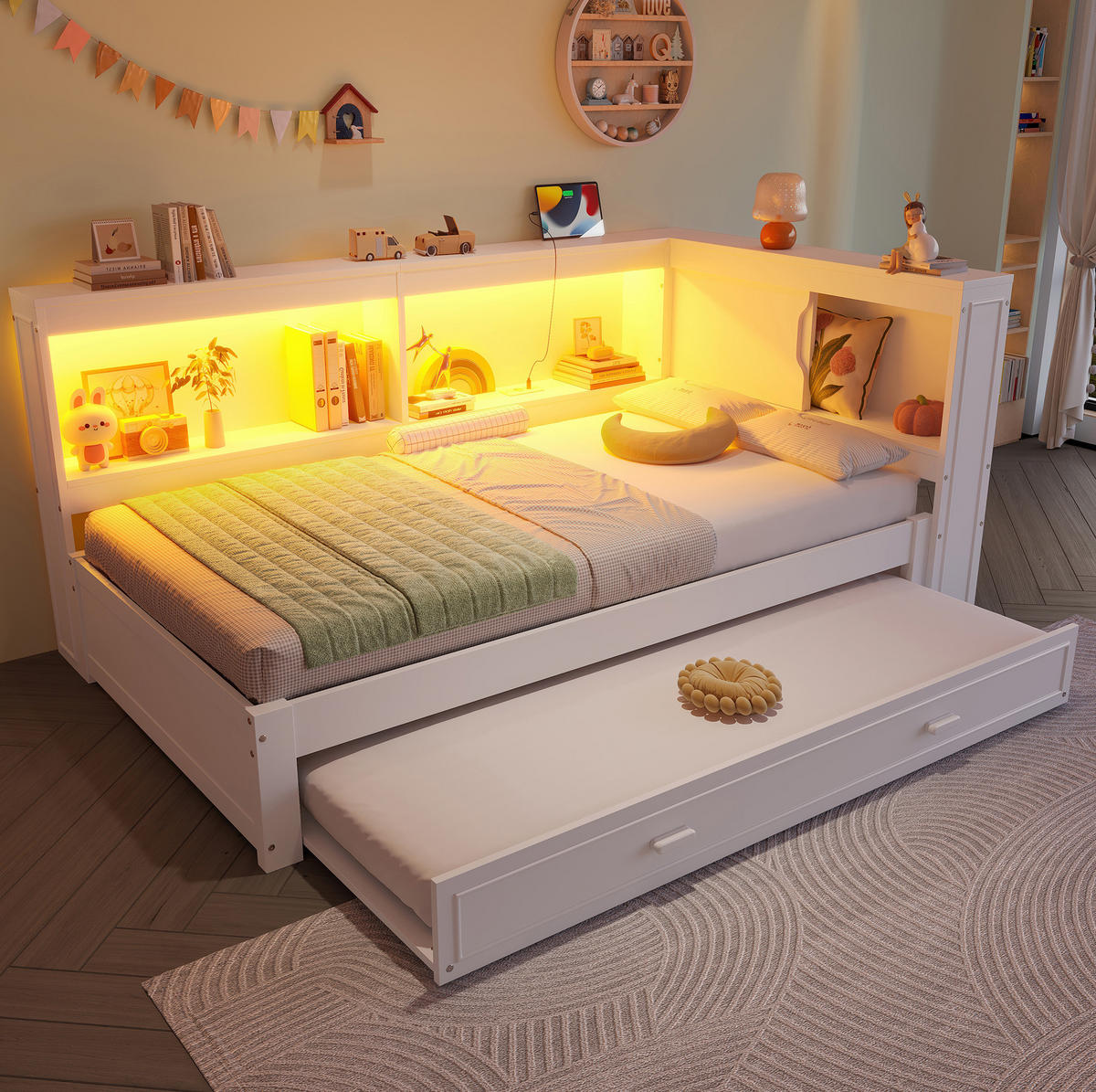 KINDERBETT 90/200 cm Weiß aus Kiefern mit Ausziehbett, LED-Beleuchtung, USB, Typ-C und Steckdose - Weiß, Holz (90/200cm) - OKMYHOME