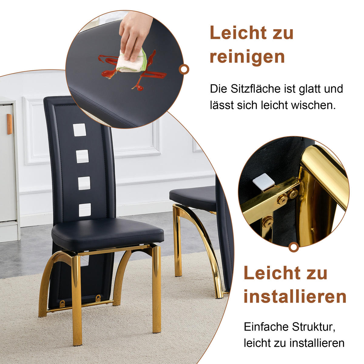 ESSGRUPPE DE-39452 5-teilig, Glastisch und 4 Stühlen mit Lochmuster Schwarz/Gold - Goldfarben/Schwarz, Metall (88/75/88cm) - ComfortXL