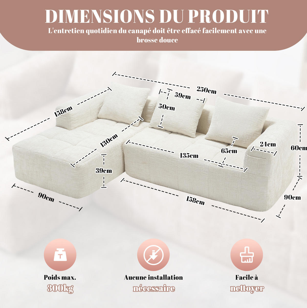 ECKSOFA L-Form 3-Sitzer mit Chaiselongue Chenille Beige 250/158/60 cm - Weiß, Textil (250/158cm) - OKWISH