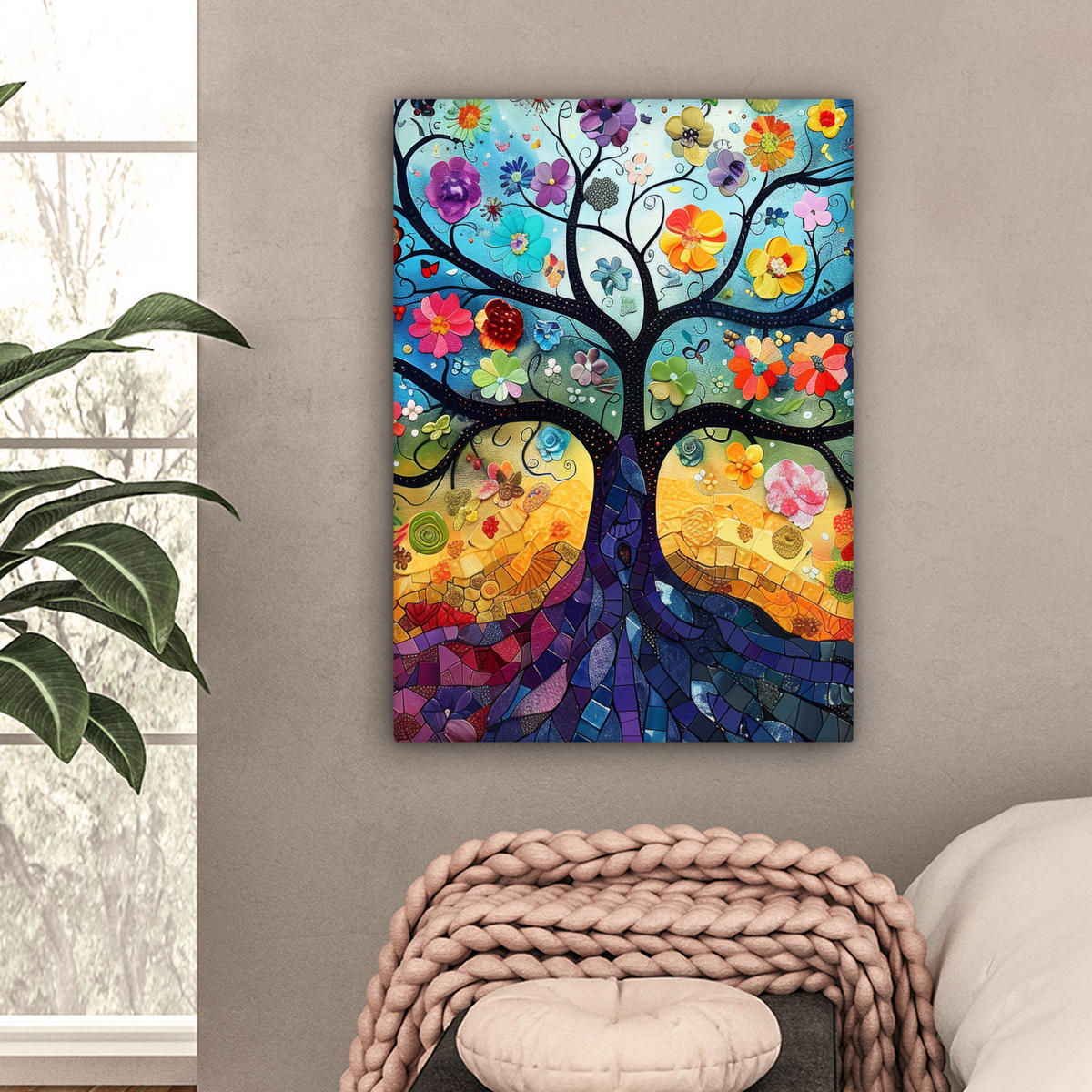 LEINWANDBILD Kunst - Baum des Lebens - Blumen - Hippie Wandbild Wohnzimmer 60x80 cm - Dunkelblau, Textil (60/80cm) - MuchoWow