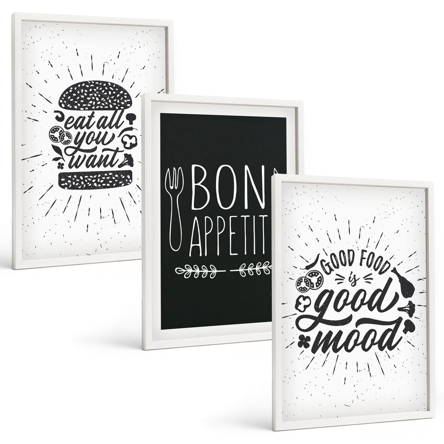 BILDER SET 3er Set - 40x60 cm Weißer Rahmen - Grafiken, Lebensmittel, kulinarische Slogans - Weiß, Kunststoff (40/60cm) - TULUP