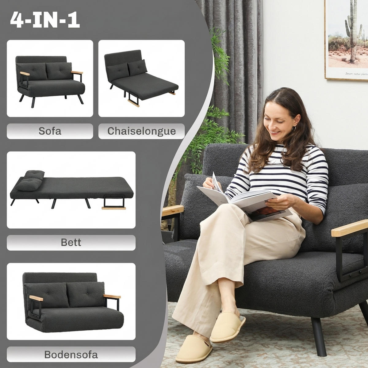 SCHLAFSOFA Stahl Polyester Dunkelgrau - Dunkelgrau/Beige, Holz/Textil (73/81/102cm) - HOMCOM