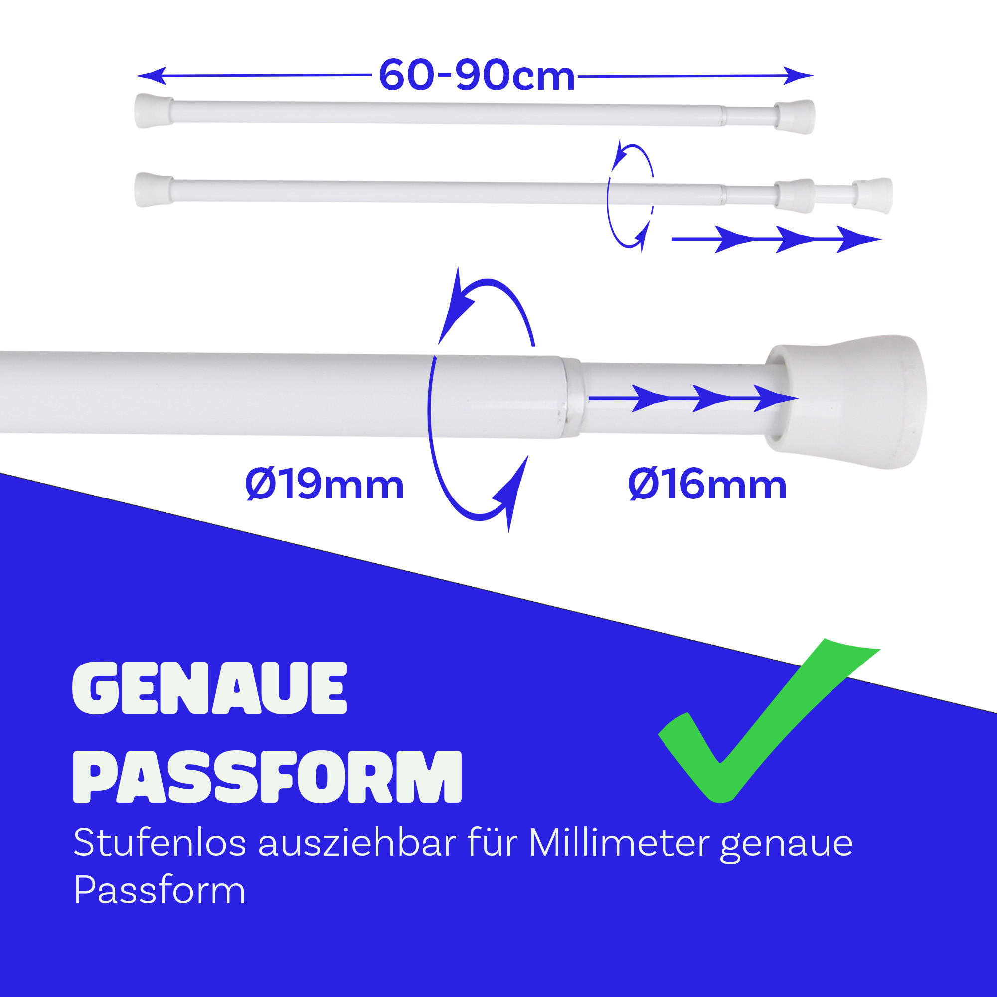 VERSTELLBARE Vorhangstange - Spannstange zum Klemmen Weiß Ø16/19 mm 60-90 cm - Weiß, Metall (60cm) - Bestlivings