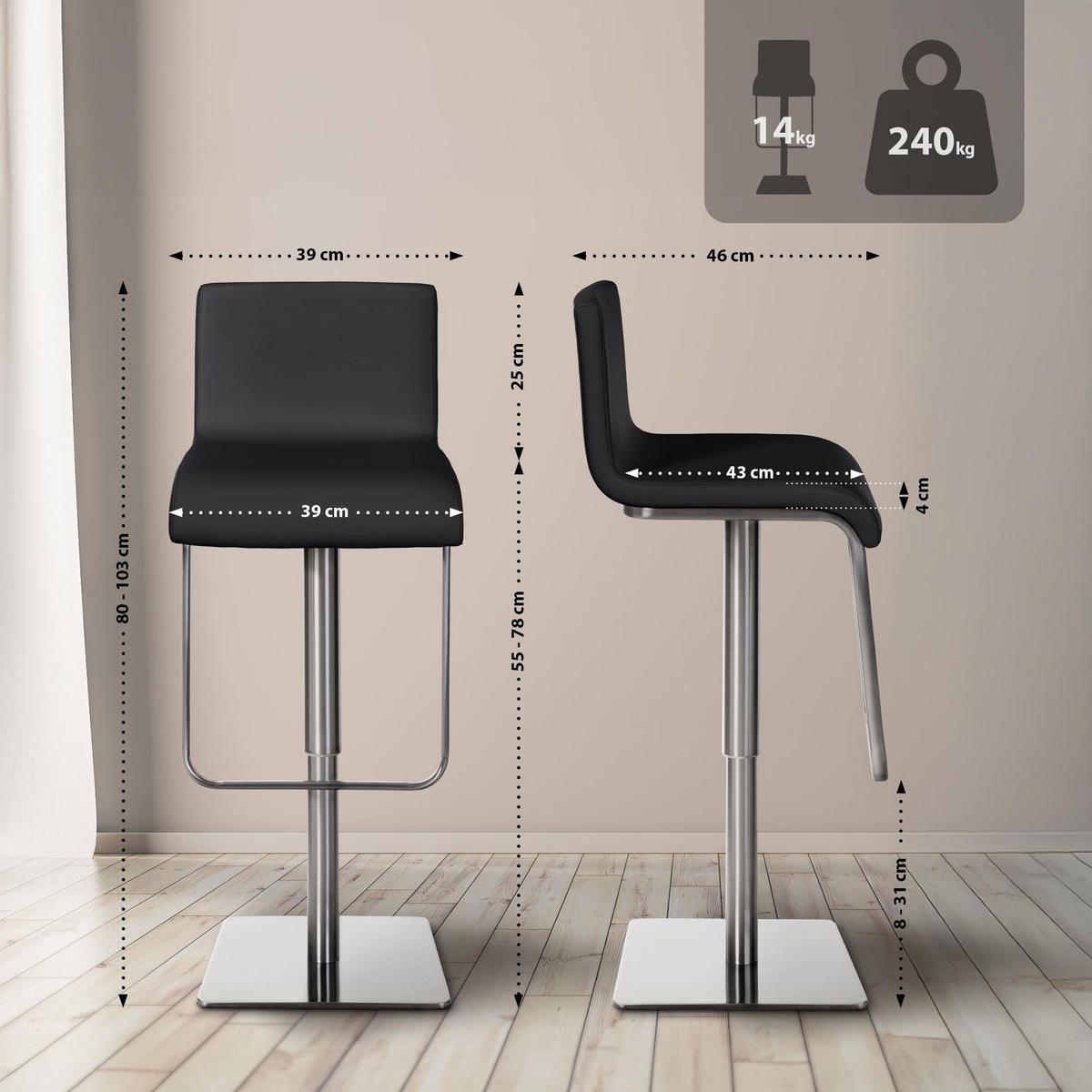 BARHOCKER 2er Set Lederlook Schwarz - Edelstahlfarben/Schwarz, Textil/Metall (39/80/46cm) - CLP