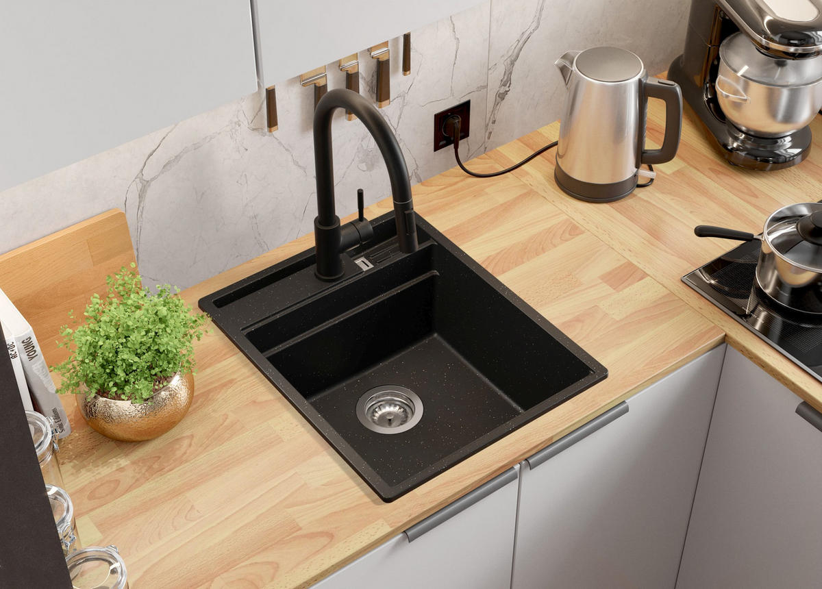 SPÜLBECKEN Oslo, 2-er set Schwarz Metallic 43/53 cm, 1 Becken + Ablauf-Set ab 45er Unterschrank - Chromfarben/Schwarz Hochglanz, Kunststoff (43/20/53cm) - Primagran