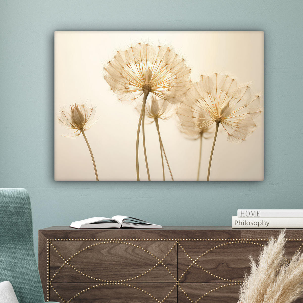 LEINWANDBILD Sonnenlicht - Löwenzahn - Botanisch - Blumen Wandbilder 80x60 cm - Creme, Textil (80/60cm) - MuchoWow