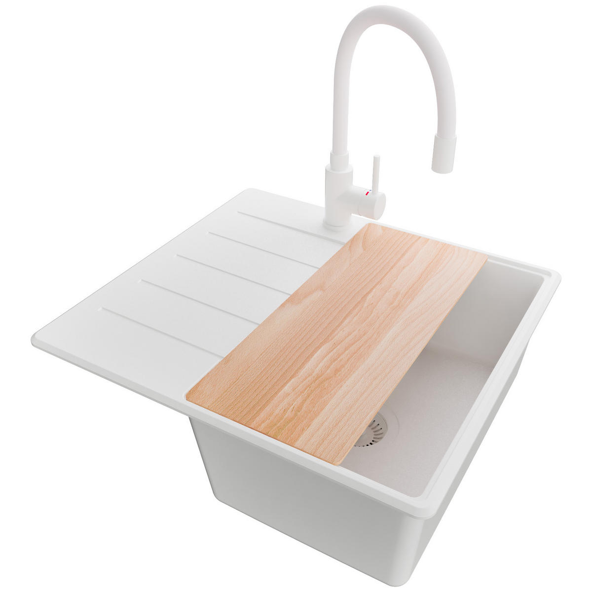 GRANITSPÜLE Kopenhagen, 2-er set Alles Weiß 55/50 cm 1 Becken + Küchenarmatur 38/14 cm + Ablauf-Set + Schneidebrett ab 40er Unterschrank - Beige/Weiß, Kunststoff (55/20/50cm) - Primagran