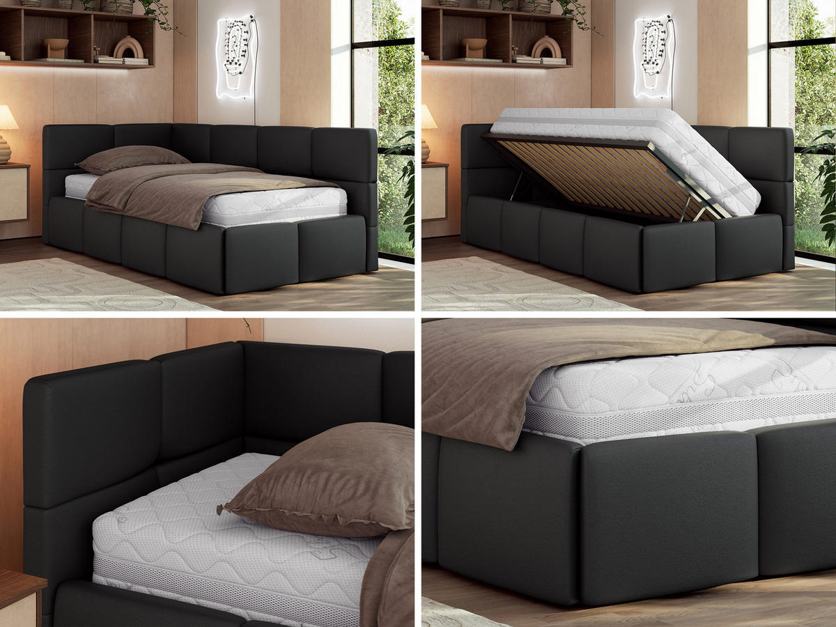 JUGENDBETT ARVO 90/200 - Schwarz Kunstleder - Multipocket-Matratze - Links Seite - Schwarz, Textil (90/200cm) - MKS