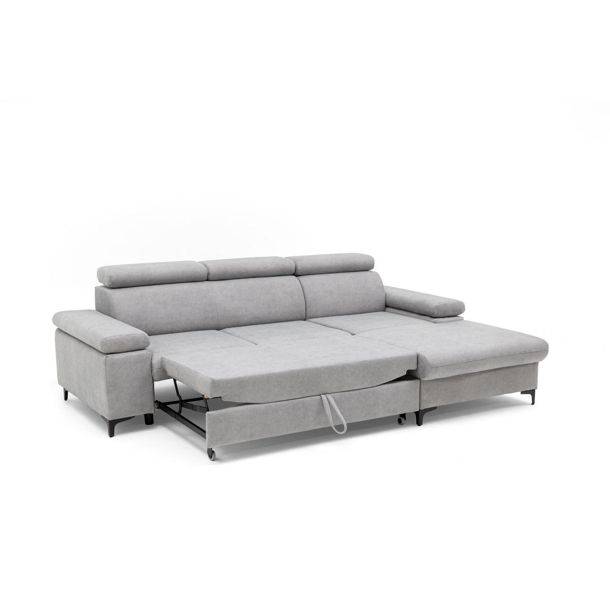 ECKSOFA MAVIC L Rechts mit Schlaffunktion Velours Hellgrau - Hellgrau/Schwarz, Glas/Holz (257/176cm) - Muffo