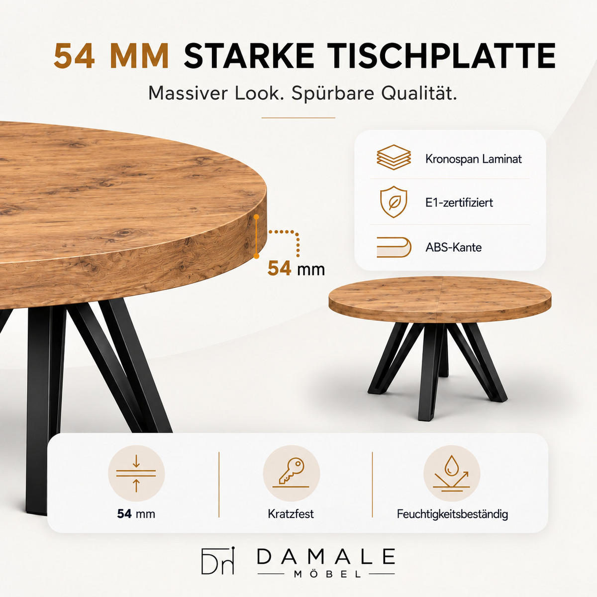 ESSTISCH rund ausziehbar 90/190/76 cm, Eiche Craft, 54 cm Tischplatte + Industrial Metallgestell Schwarz - Eichefarben/Schwarz, Holzwerkstoff/Metall (90/190/76cm) - Damale Möbel