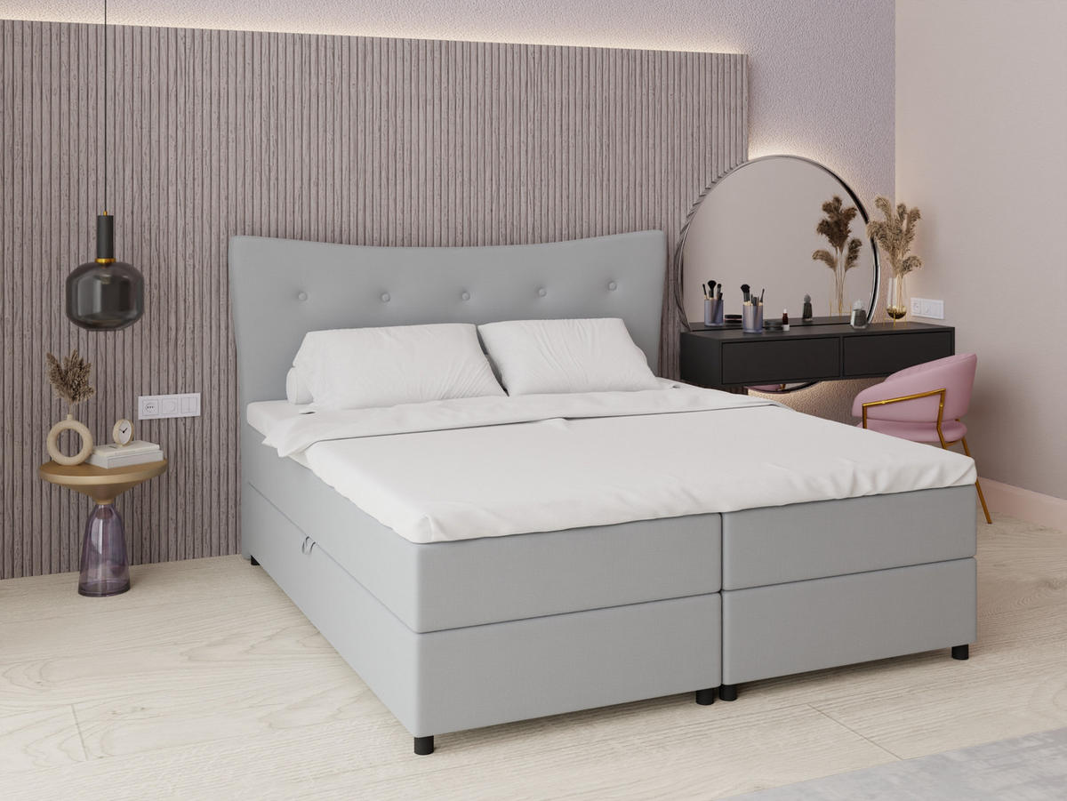 BOXBETT Nevada 180 x 200 cm Doppelbett mit hochwertiger Bonell-Matratze und Topper - grau - Grau, Holz (180/200cm) - Panda Möbel