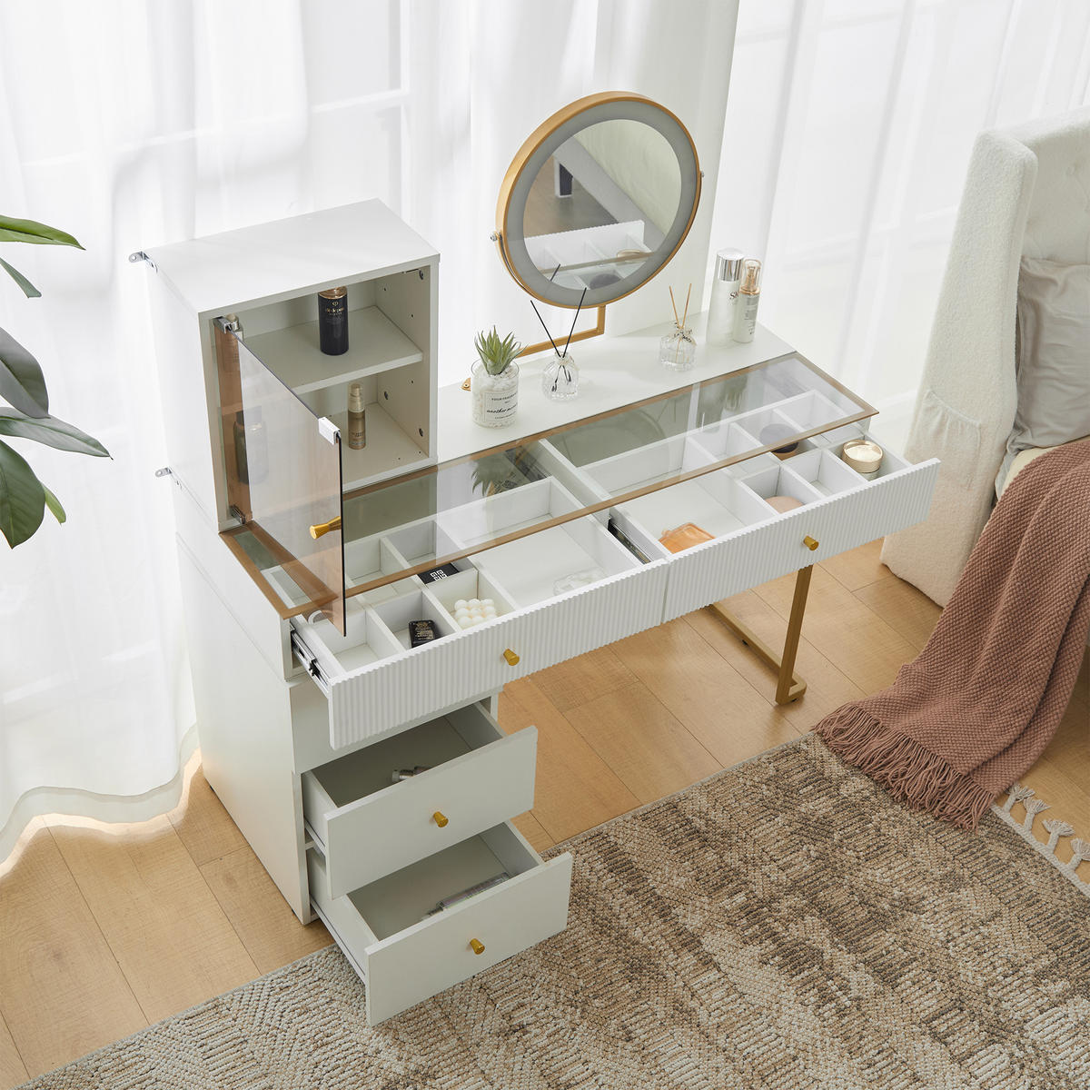 SCHMINKTISCH 120/45/115 cm weiß/gold aus Glas-Holzwerkstoff mit LED - Weiß, Holzwerkstoff (45/115/120cm) - OKWISH