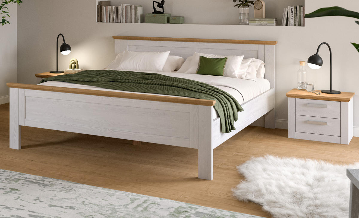 SCHLAFZIMMER weiß Lärche, Eiche Artisan Landhaus Set mit Bett 180 x 200 cm, 2x Nachttisch - Eichefarben/Silberfarben, Holzwerkstoff/Kunststoff (180/200cm) - Inn.Furn