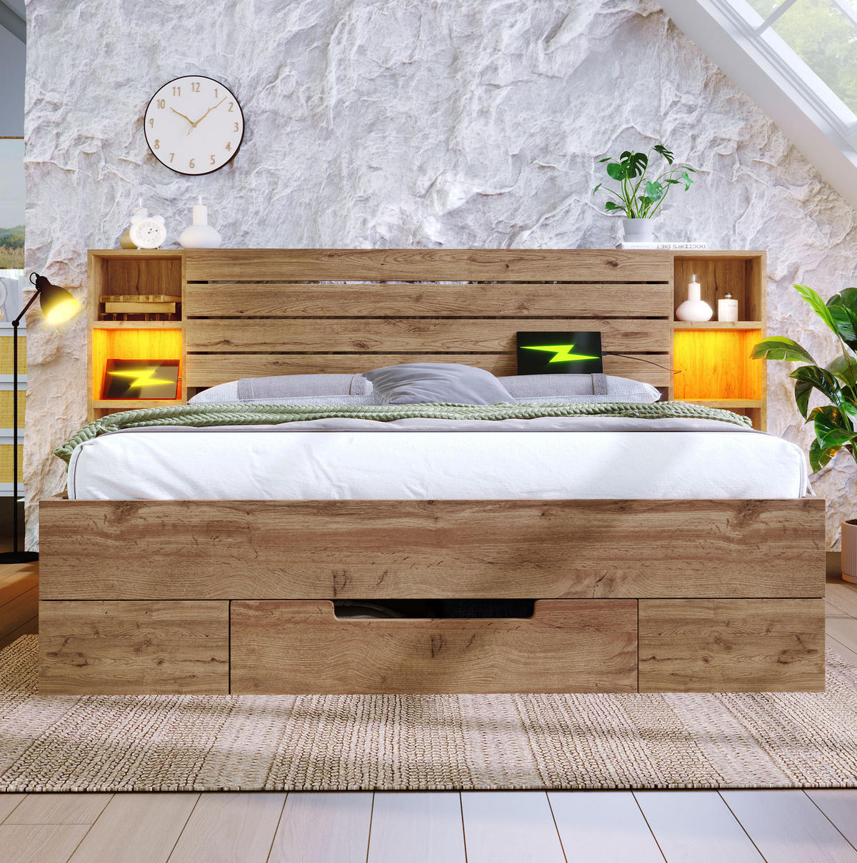 MANŽELSKÁ posteľ z dreva a kovu 160x200 cm dub s LED osvetlením, USB a úložným čelom - farba duba, drevo (160/200cm) - Modfu