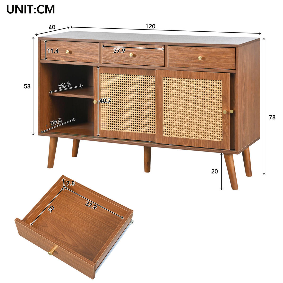 SIDEBOARD 120/40/78 cm in Walnuss mit 3 Schubladen, 3 Schiebetüren und Rattangeflecht - Eichefarben, Holzwerkstoff (120/78/40cm) - Flora Grace