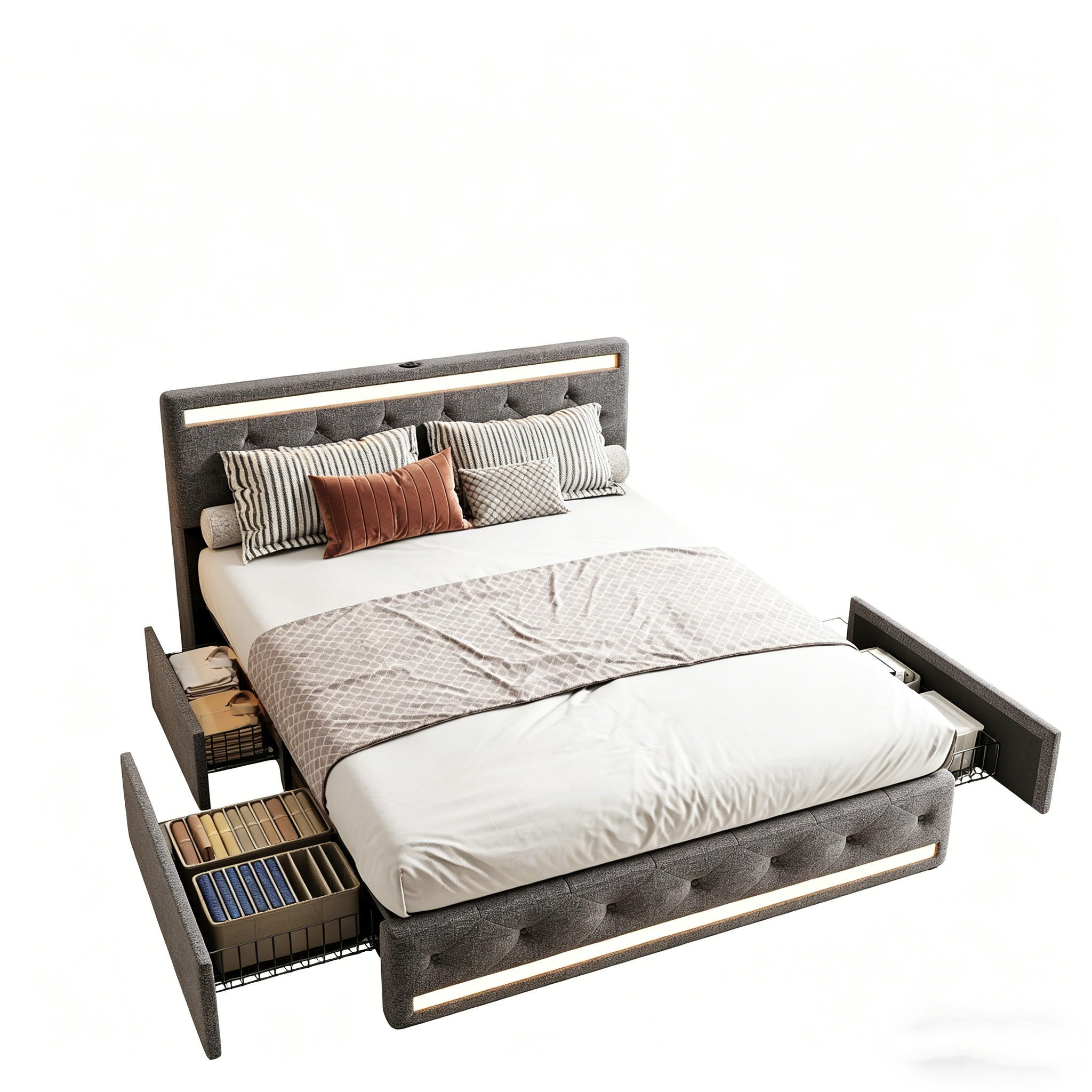 POLSTERBETT 140x200 mit Schubladen LED und Ladestation Bett aus Leinen - Grau, Holz (140/200cm) - PARAFTA HOME
