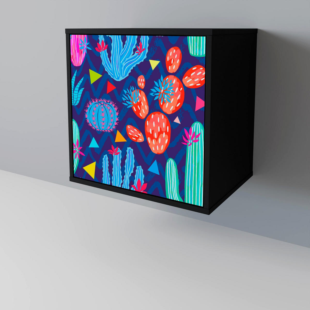 SIDEBOARD CACTUS VIBES, Schwarz, 57,5x42x70,5 cm, Schwarze Metall-Sternfüße - Multicolor/Schwarz, Holzwerkstoff/Metall (57.5/70.5/42cm) - SpaceRebels