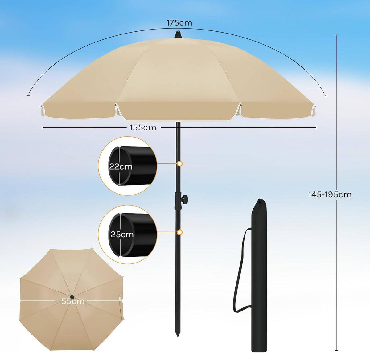 SONNENSCHIRM, Balkonschirm Strandschirm UV-beständig wasserdicht - Taupe, Metall (155/155cm) - Woltu