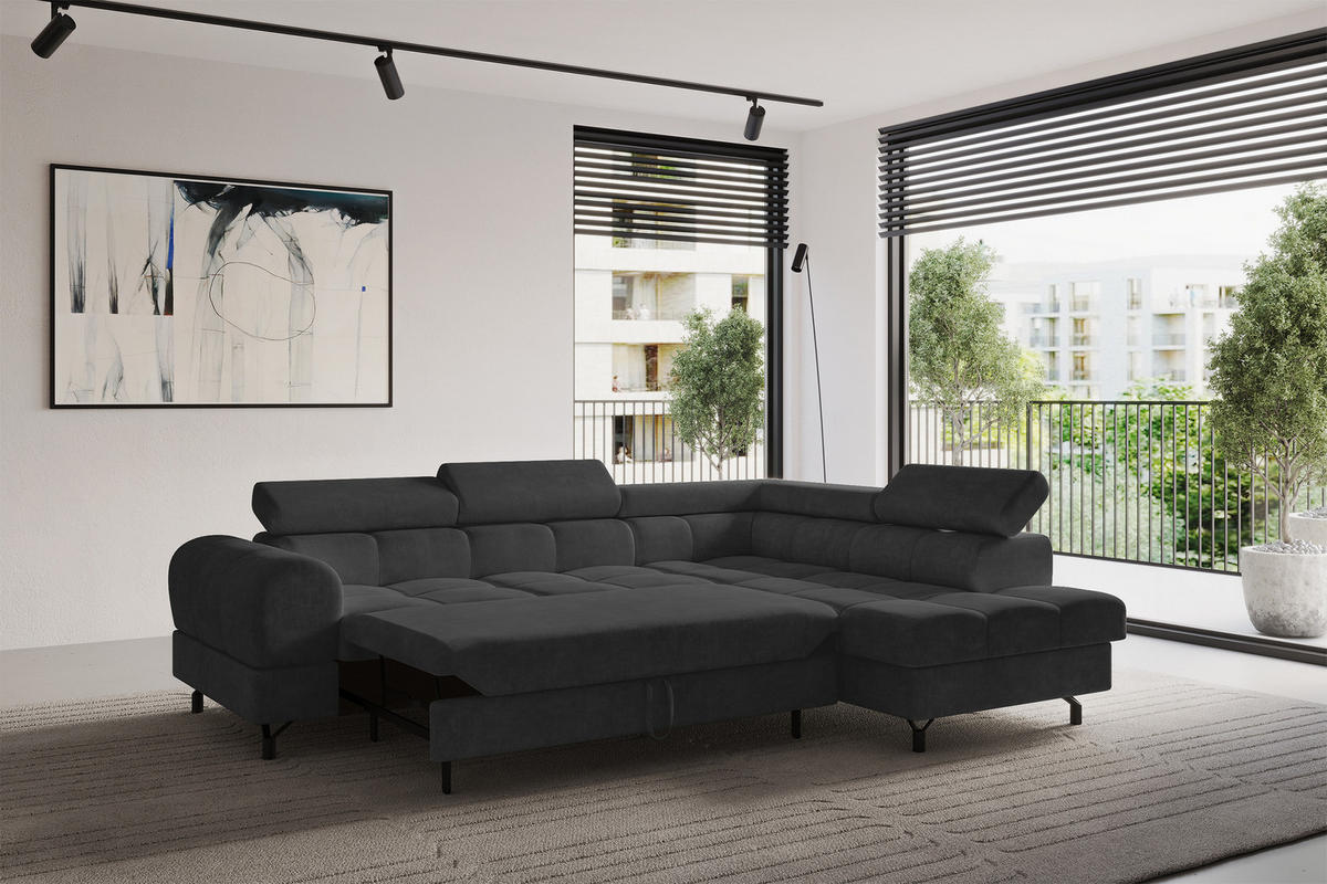 ECKSOFA mit Schlaffunktion Ottomane Rechts LUMA-L 272x203x70 Schwarz Velours - Schwarz, Holzwerkstoff/Kunststoff (203/272cm) - ALTDECOR