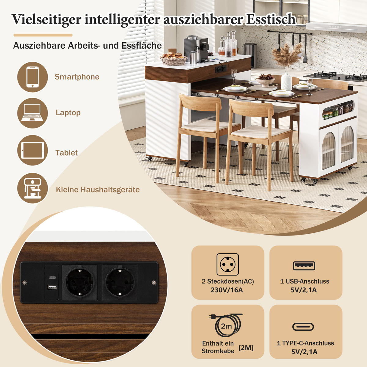 SERVIERWAGEN in Weiß und Walnussfarben Servierwagen mit Schublade für Küche und Esszimmer, B110.5/T50.5/H95.5 cm - Weiß, Glas/Holzwerkstoff (110.5/95.5/50.5cm) - STILVORA