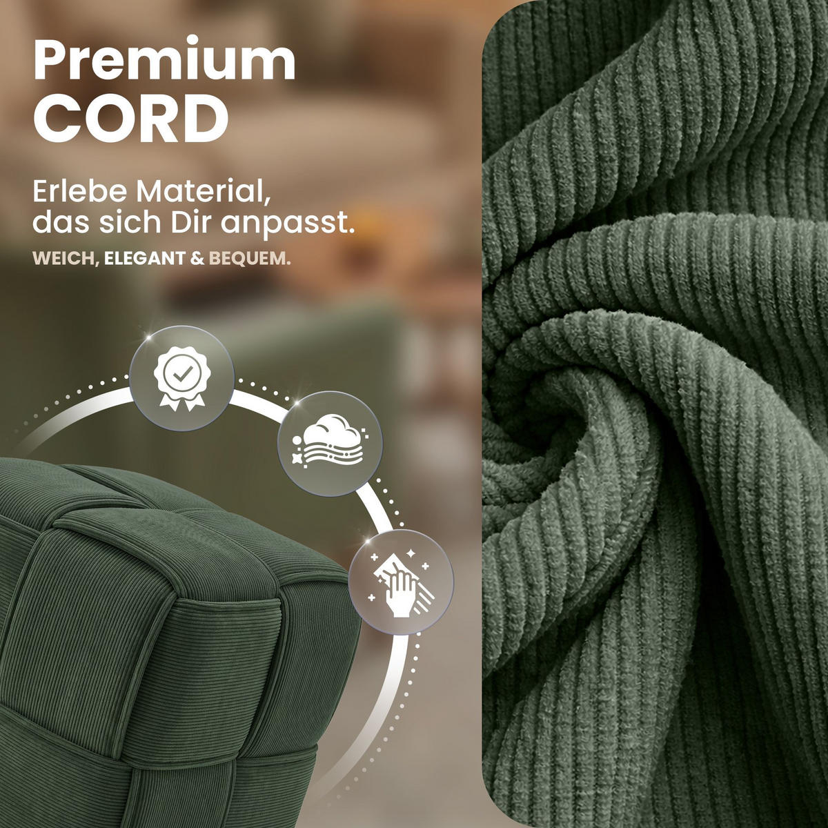 SITZWÜRFEL eckig 40/40/40 cm Cord Dunkelgrün - Dunkelgrün, Kunststoff/Textil (40/40/40cm) - CLP