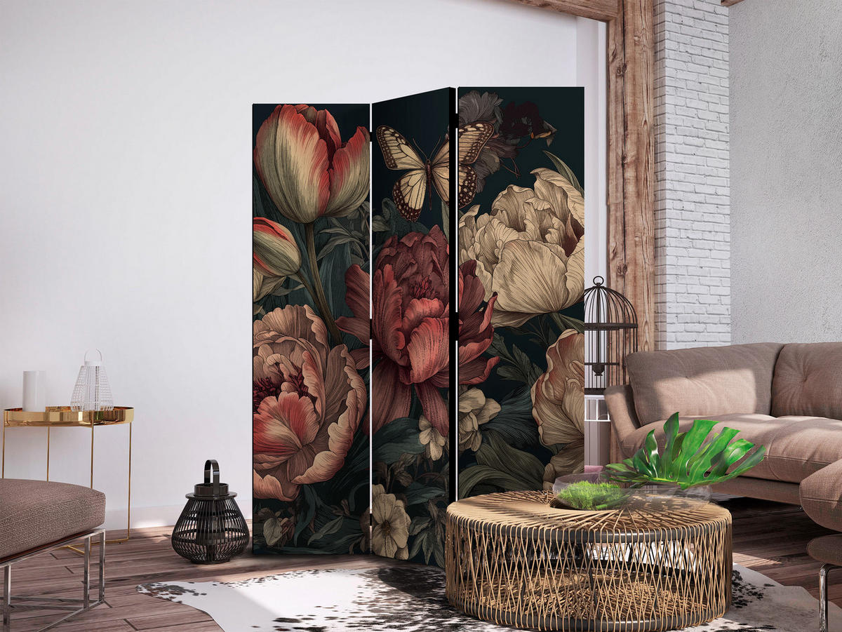 PARAVENT Einseitig Bedruckter 3-tlg 135x172 cm Pfingstrosen im Boho - Multicolor, Holz/Textil (135/172/3cm) - Muralo