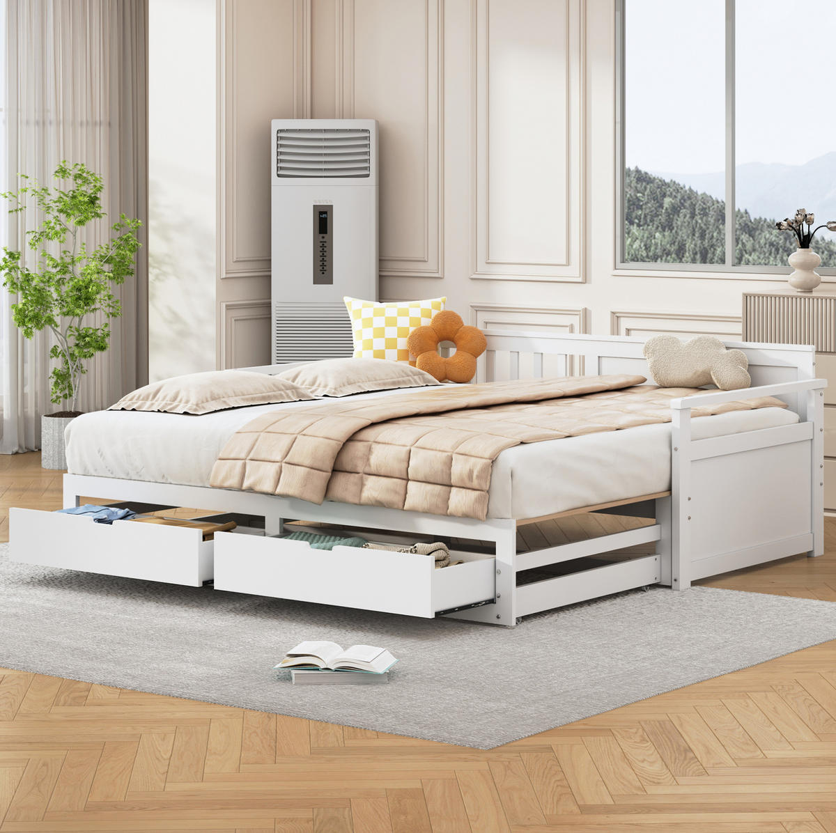 TAGESBETT aus Kiefernholz 90x190/180x190 cm Weiß mit Ausziehbett und Schubladen, platzsparend - Weiß, Holzwerkstoff (180/190cm) - Modfu
