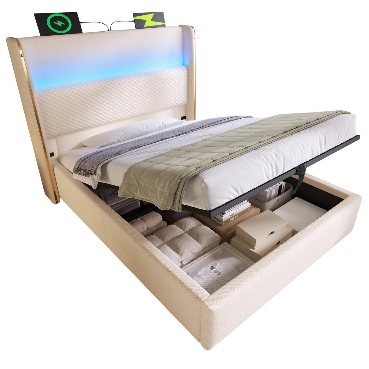BETT Hydraulisches 90/200 cm Beige mit LED-Beleuchtung und Stauraum - Beige, Textil (90/200cm) - OKWISH