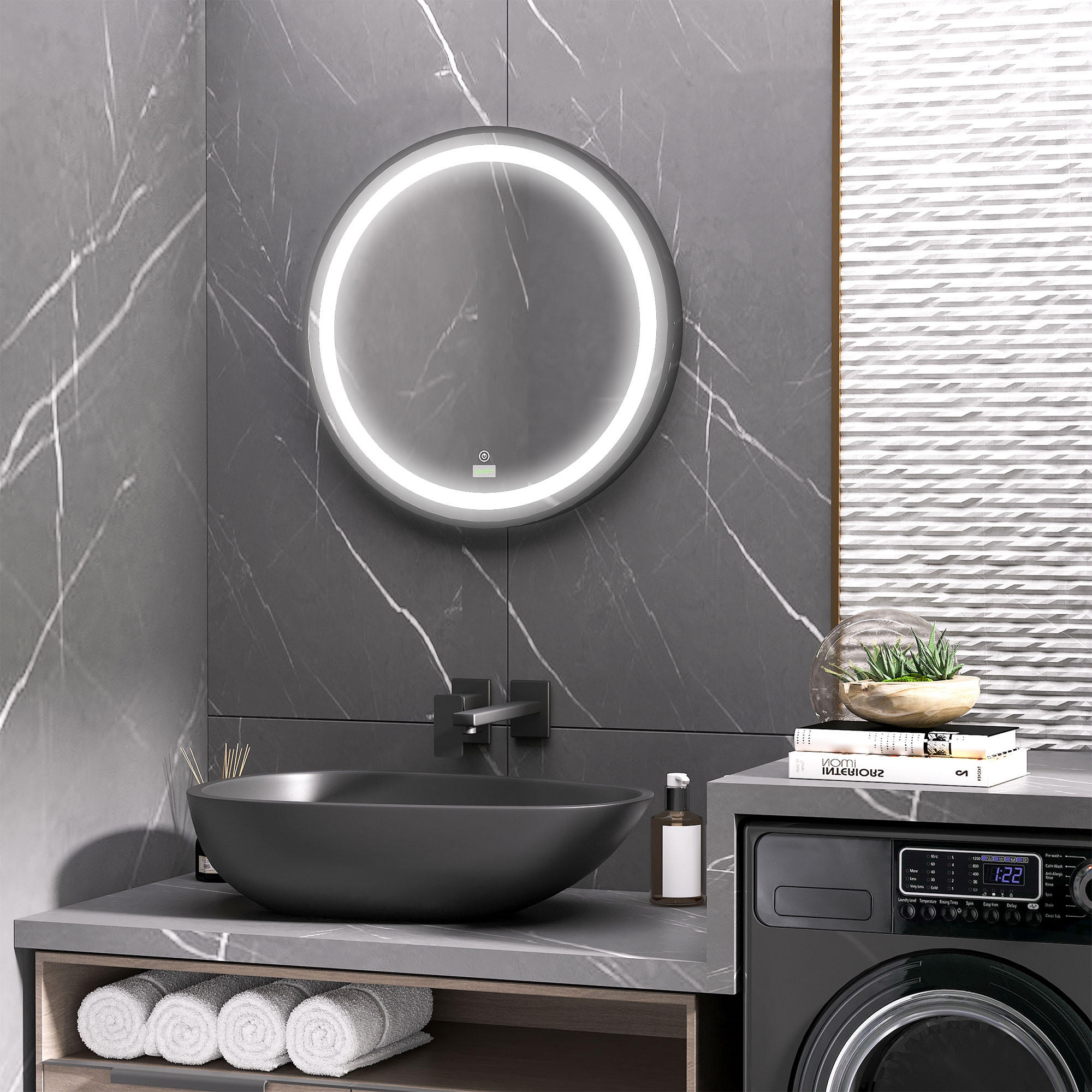 BADEZIMMERSPIEGEL, Ø60cm, mit 3 Lichtfarben, Memory-Funktion, IP44, Schwarz - Schwarz, Glas (60/4/60cm) - Kleankin