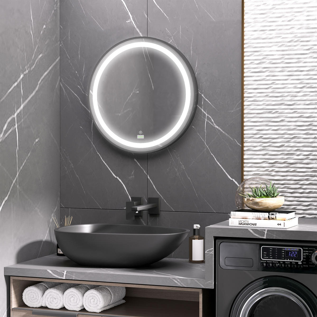 BADEZIMMERSPIEGEL, Ø60cm, mit 3 Lichtfarben, Memory-Funktion, IP44, Schwarz - Schwarz, Glas (60/4/60cm) - Kleankin
