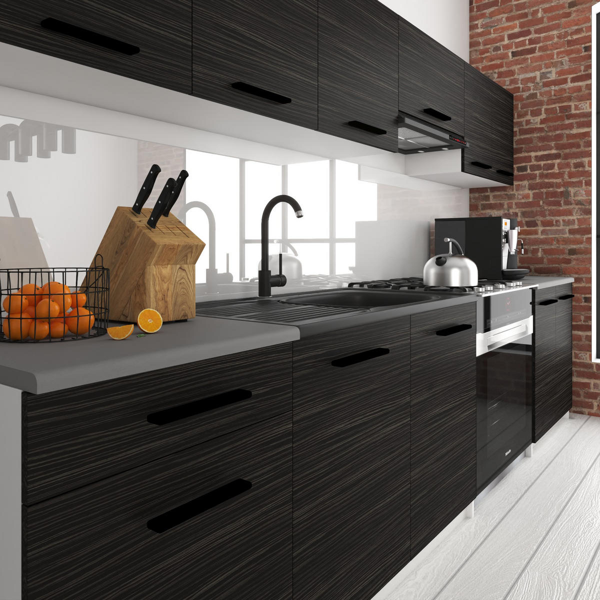KÜCHENZEILE Italia 2 240 cm, mit Arbeitsplatten, Ebenholz - Schwarz, Holz (240/143/60cm) - B BELINI GROUP