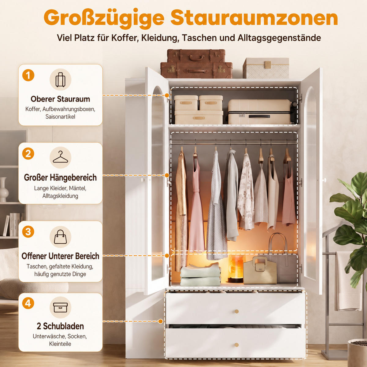 KLEIDERSCHRANK Weiß 120x200cm, 4 Schubladen, 2 Glastüren & 2 Kleiderstangen - Weiß, Holzwerkstoff (120/200/50cm) - Urban Meuble