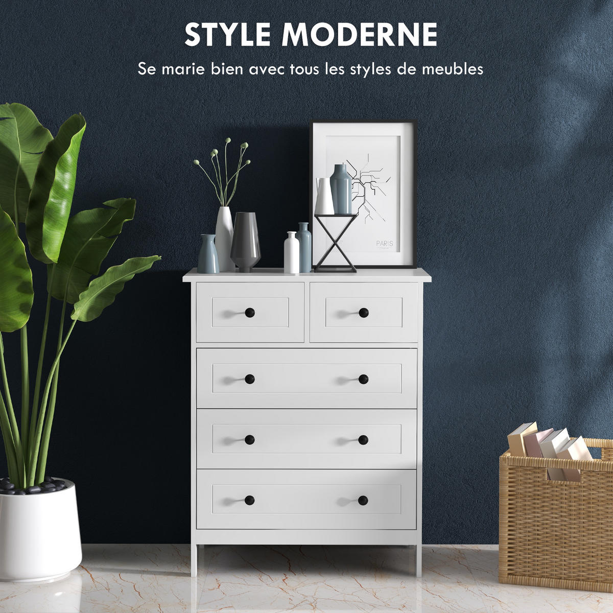 KOMOODE DE-12816 5 Schubladen, schwarze Metallgriffe Weiß - Weiß, Holzwerkstoff (74/91/40cm) - ComfortXL